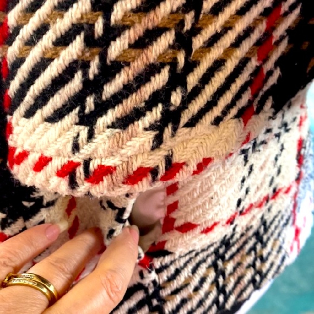 Classic cream, black and red woven plaid, double breasted cape style coat - Picture 4 of 8